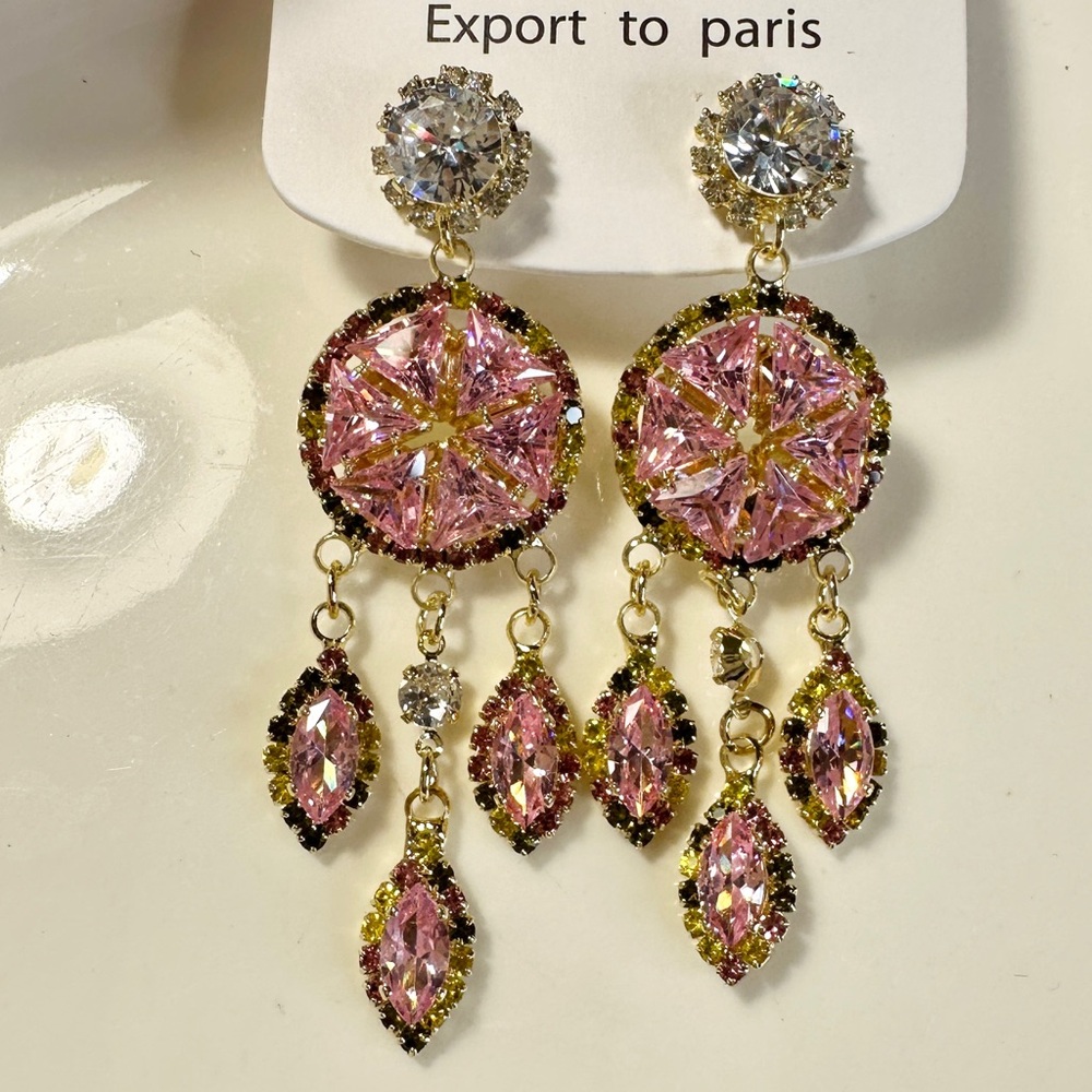 Fashion Jewelry Pink and Gold Statement Earrings 2.25×0.75 inch